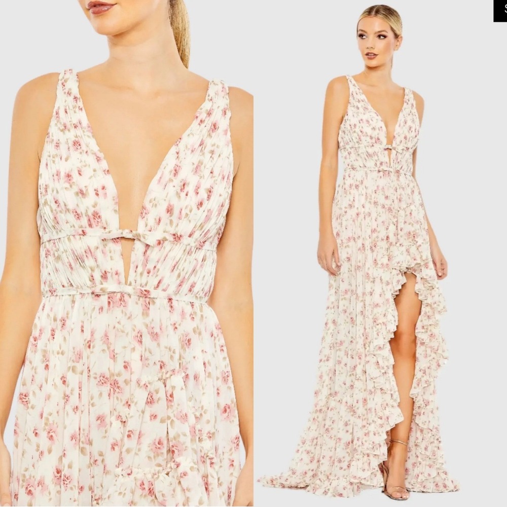 Mac Duggal 50659 Pink Floral Maxi Dress Ruffle Tiered Plunge Formal size 10